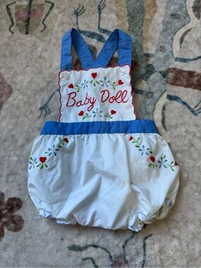 Baby Embroidered White Bubble Romper with Blue Straps